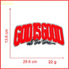 Red and gray embroidered patch with the text GOD IS GOOD all the time