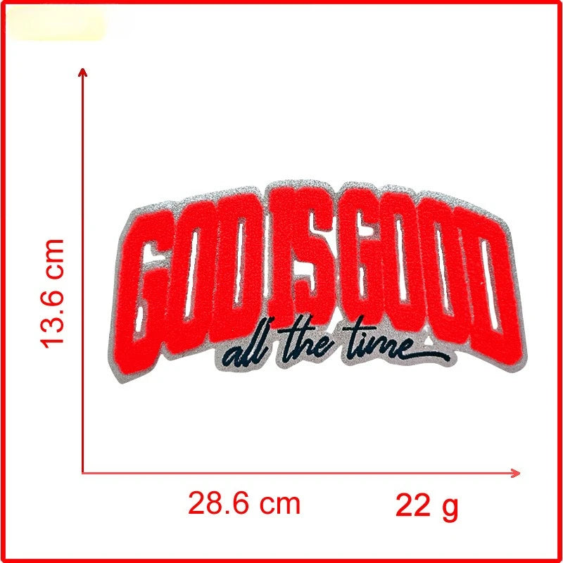 Red and gray embroidered patch with the text GOD IS GOOD all the time