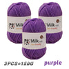 Three skeins of purple Milk cot yarn for knitting and crochet projects
