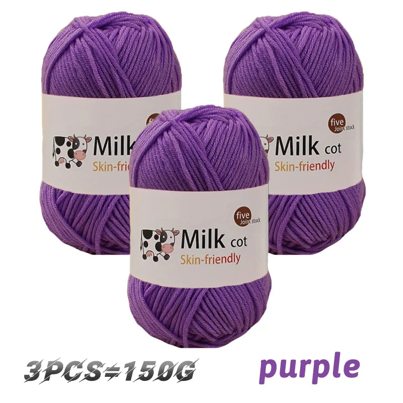 Three skeins of purple Milk cot yarn for knitting and crochet projects