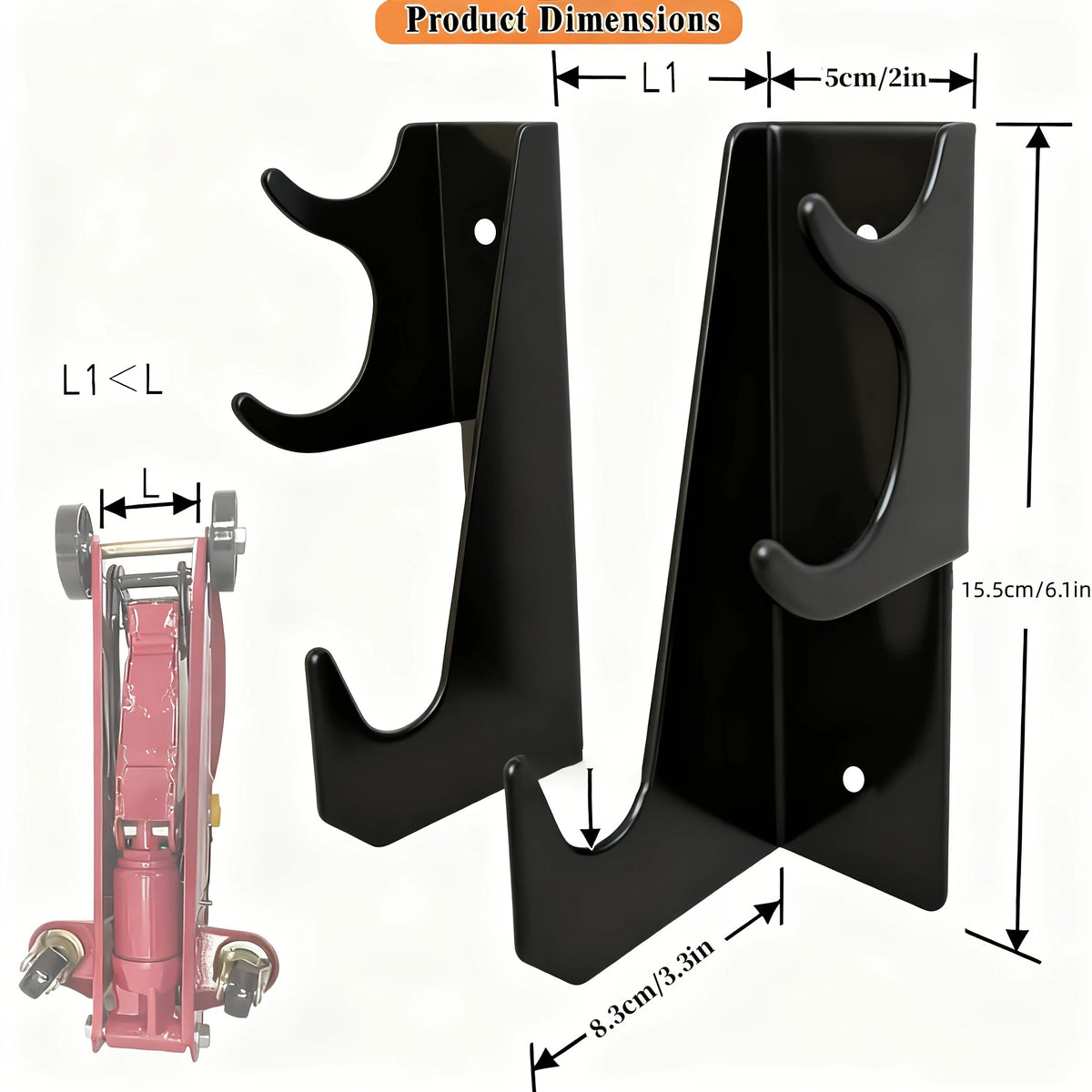 Two black heavy-duty floor jack stands with wall mount racks shown with dimensions.