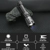 A black tactical flashlight is shown against a dark background with specifications detailing its 2000 lumens output, 70-minut