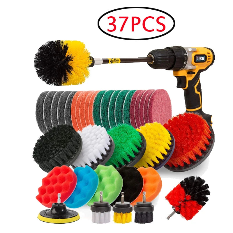 A collection of 37 drill brush cleaning tools including various sizes and shapes for home and auto detailing.