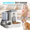 An automatic pet feeder device is shown next to a young girl and a cat on a sofa.