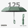 A green windproof reverse folding umbrella with a reflective stripe and carabiner handle.