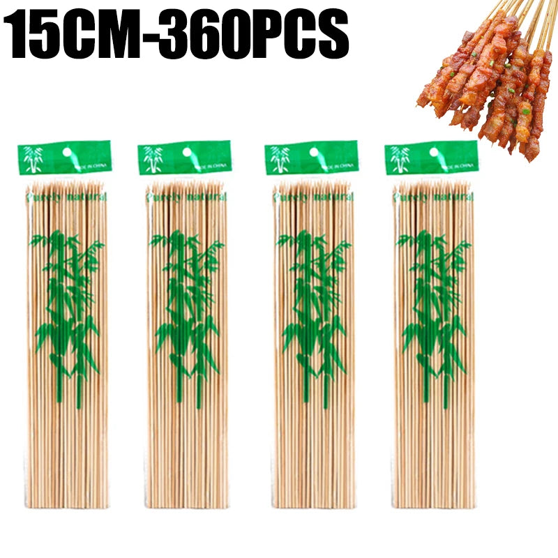 A set of 360 natural bamboo skewers, packaged in 15cm lengths, for BBQ and grilling.