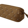 A brown quilted storage bag for a portable hair dryer and styling tool.