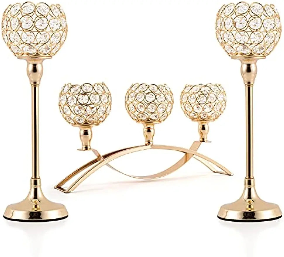 Gold 3-Arm Candelabra with Crystal Bowls for Elegant Table Decor
