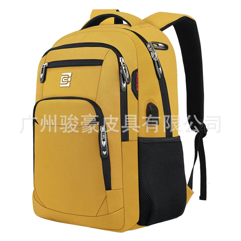 Sac à dos d'ordinateur portable pour les voyages d'affaires jaune avec accents et sangles noires.