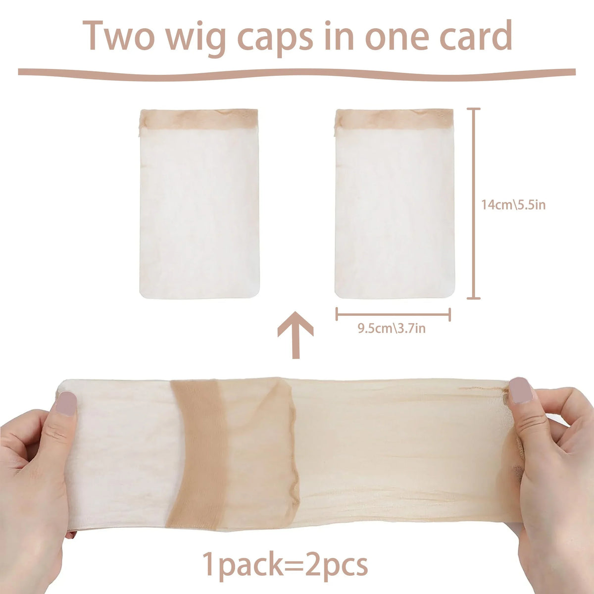 Two beige breathable wig caps are shown, packaged as one card with a total of two pieces.