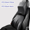 A black memory foam car headrest pillow and a black waist support are shown together.