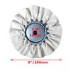 A circular sanding or buffing wheel with a pleated white fabric edge and a center metal disc, measuring 8 inches or 200mm in 