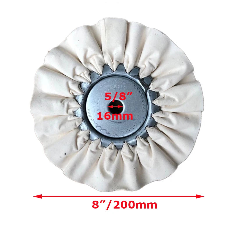 A circular sanding or buffing wheel with a pleated white fabric edge and a center metal disc, measuring 8 inches or 200mm in 