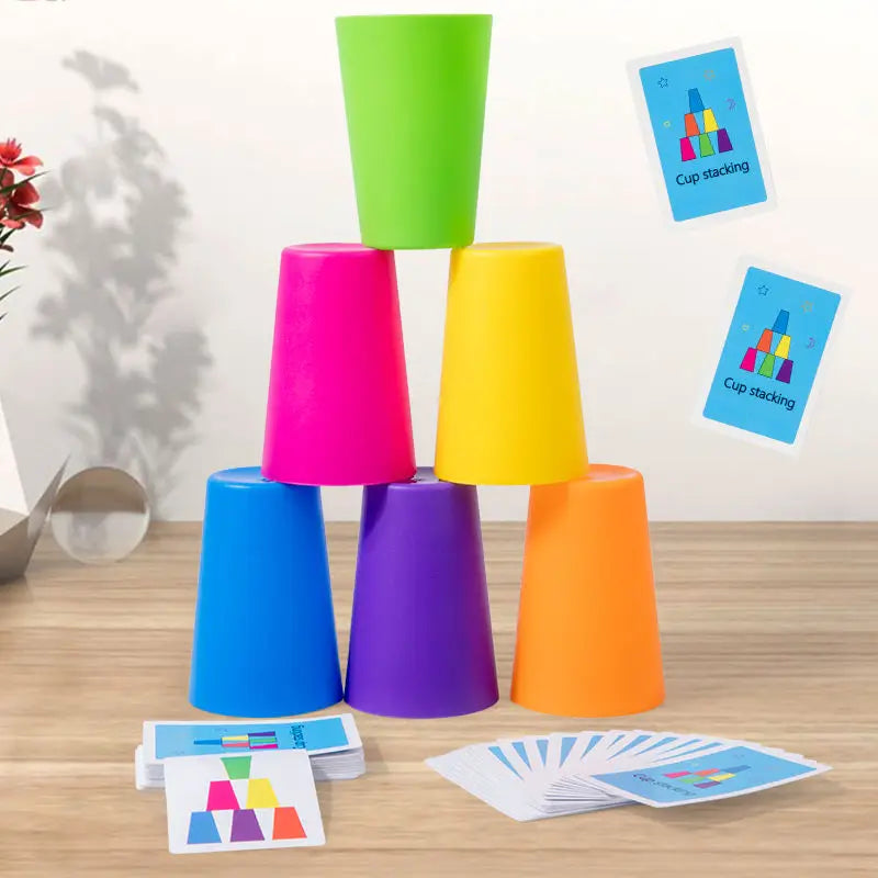 A set of colorful plastic cups and matching cards for a stacking and sorting game.