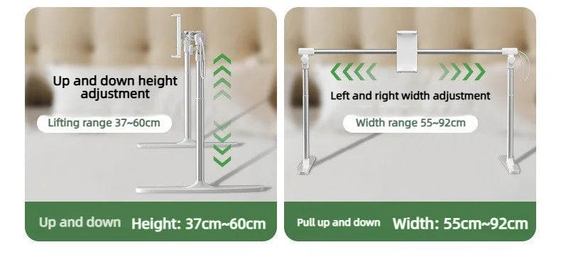 Adjustable foldable tablet stand showing up and down height adjustment and left and right width adjustment.