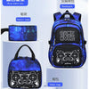 Ein Set aus drei blau-sternen Lernmaterialien: Etui, Rucksack und Essbeutel.