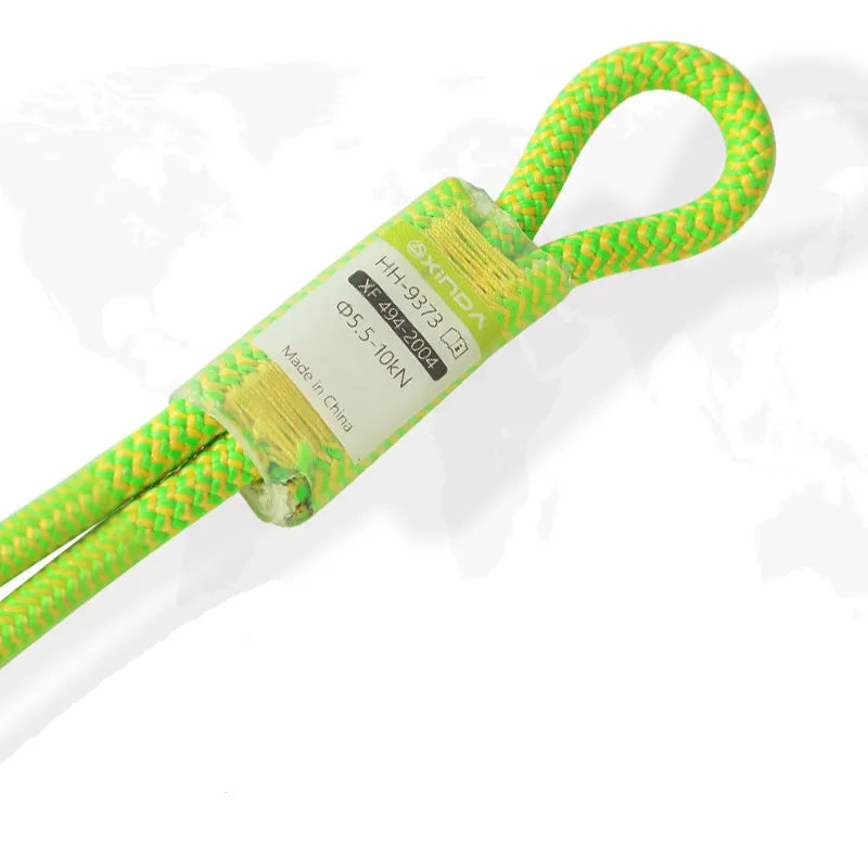 A bright lime green auxiliary rope with a braided construction and a loop end is shown.