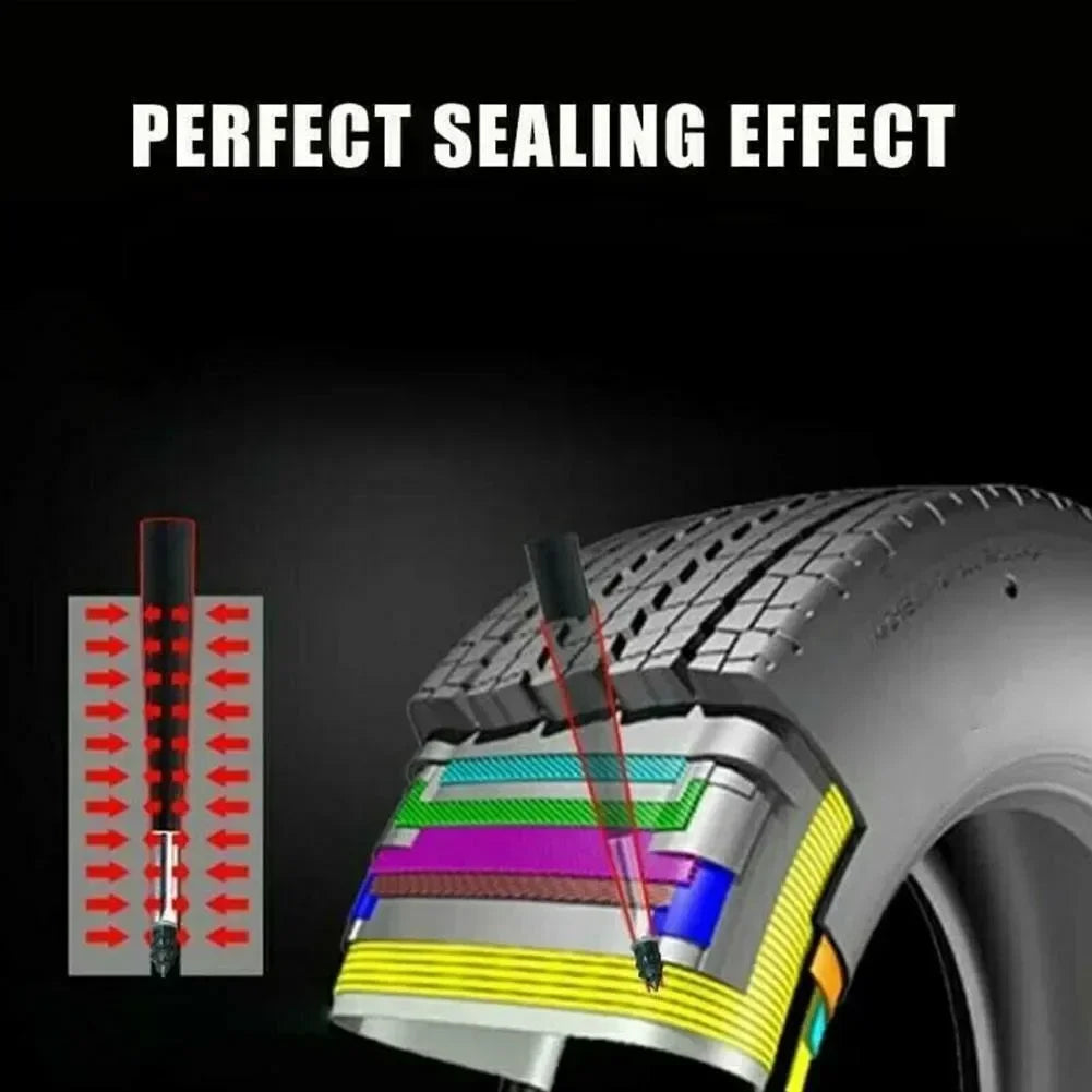 Close-up of a tire sealing effect demonstrating the use of a universal tire repair nail kit on a tire tread.