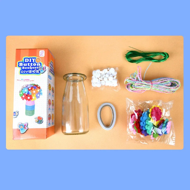 A DIY button bouquet craft kit featuring colorful felt flowers, buttons, and green string in a box.