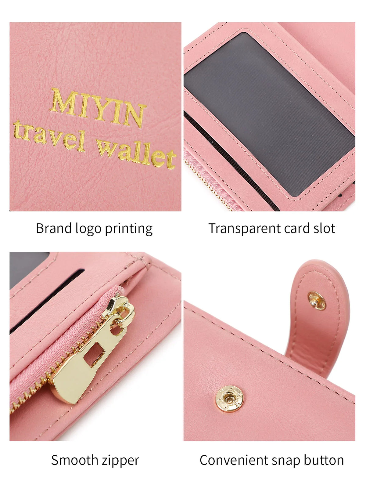 Pink airplane pattern RFID-blocking passport wallet featuring a smooth zipper and convenient snap button.