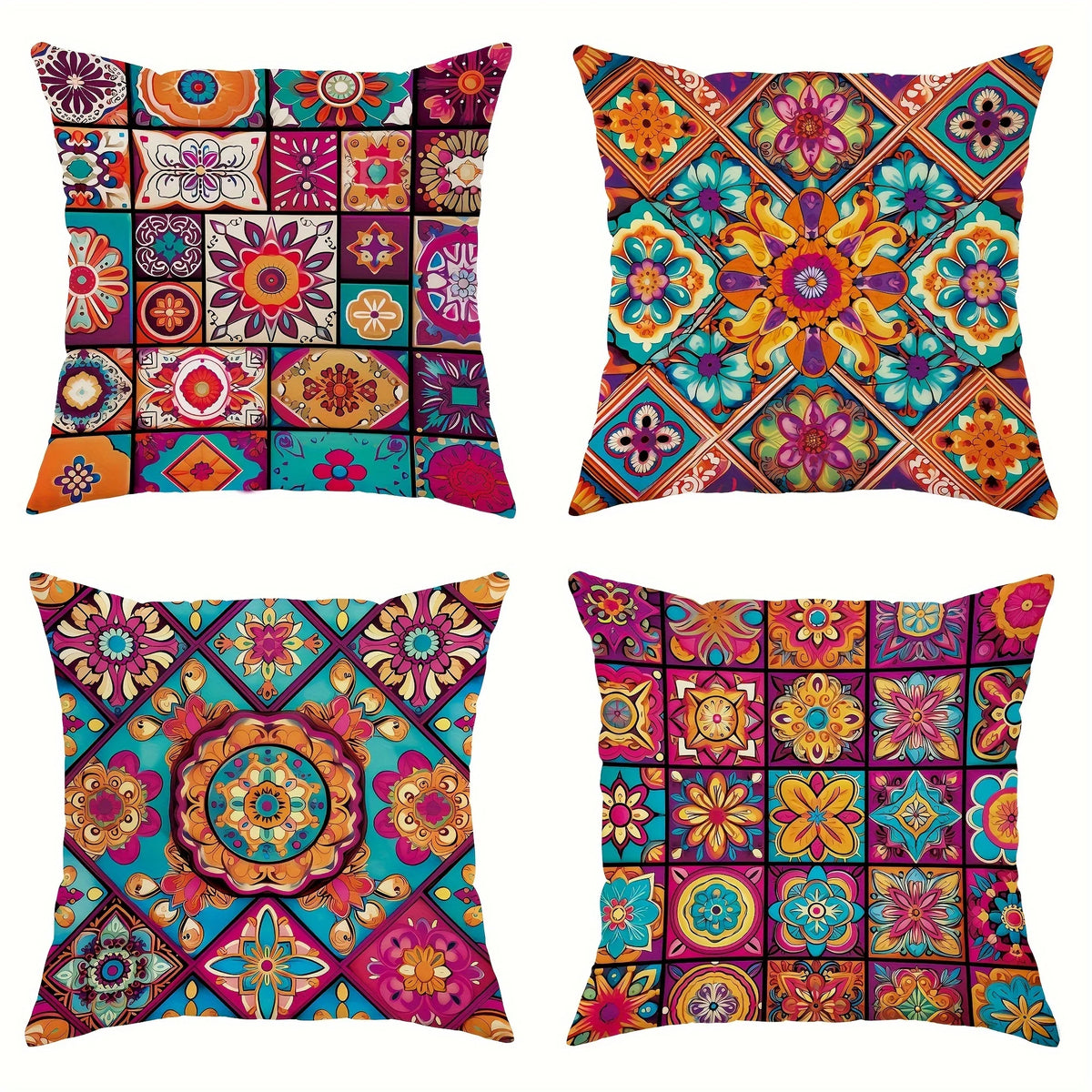 Boho Chic Mandala Pillow Covers Set of 4 – Colorful Decorative Cushion Covers for Indoor & Outdoor Use