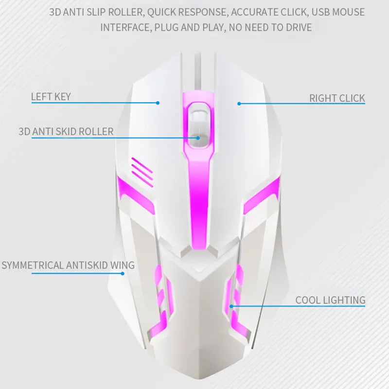 Un ratón para jugar blanco con detalles rosas e iluminación RGB fría, mostrado contra un fondo gris.