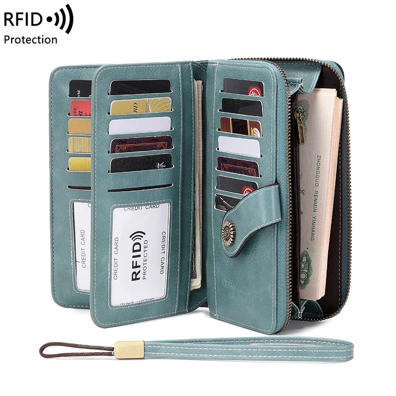 Vintage RFID-Blocking Large Capacity Wallet with Wrist Strap