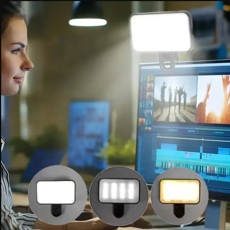Clip-On LED Selfie Light with 3 Color Modes and Adjustable Brightness