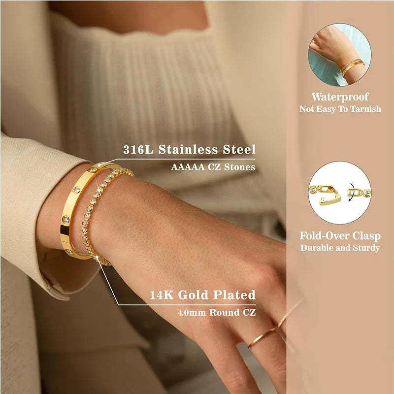 14K Gold-Plated CZ Tennis Bracelet & Bangle Set
