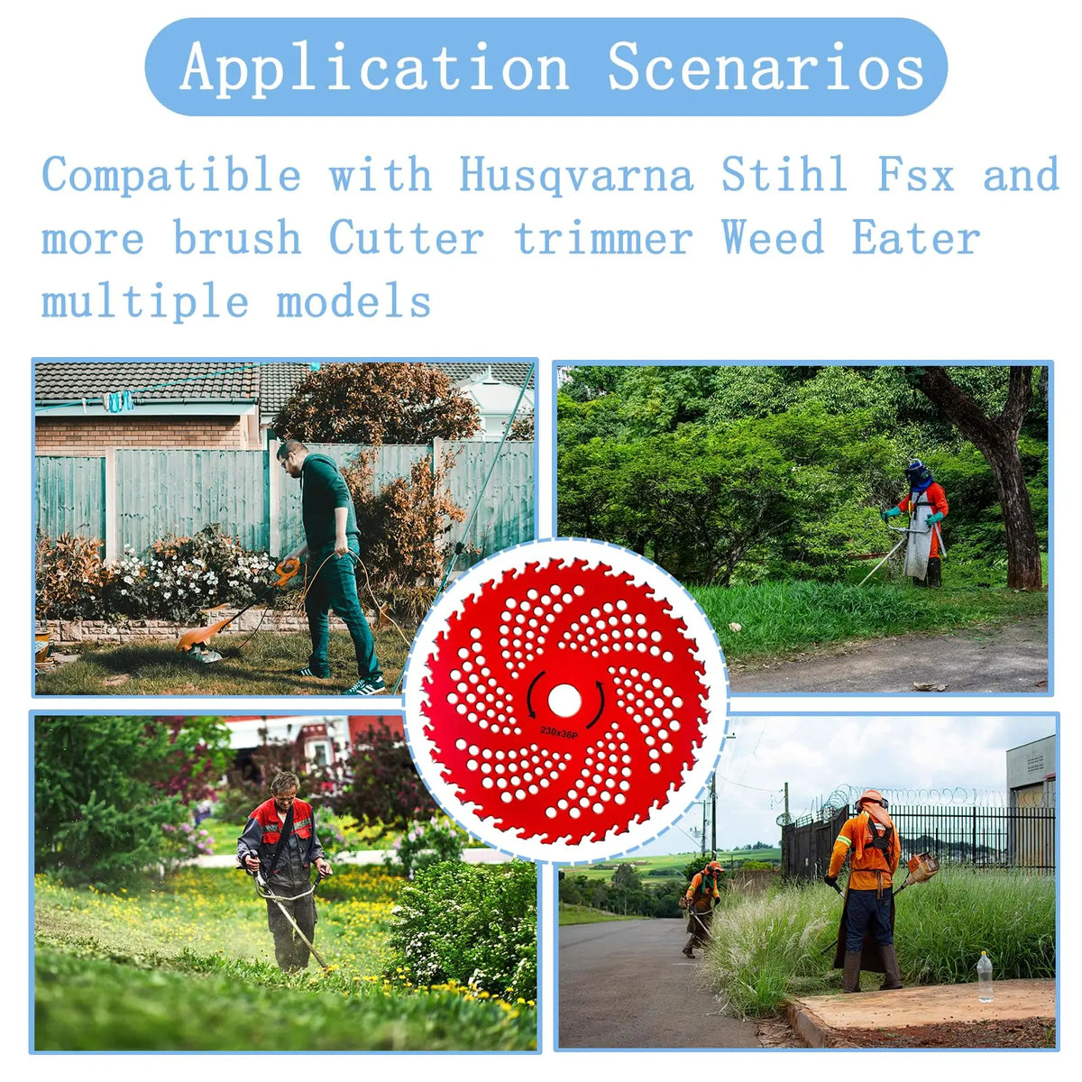 Application scenarios showing a brush cutter blade compatible with Husqvarna Stihl Fsx and other models.