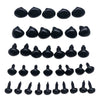 A collection of black safety noses with washers used for stuffed animals and DIY crafts.
