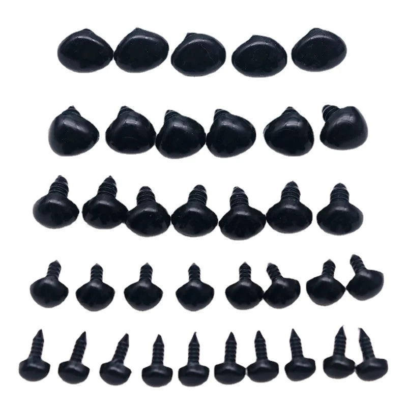 A collection of black safety noses with washers used for stuffed animals and DIY crafts.