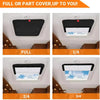 Various sizes of black and white foldable RV skylight sunshades shown for full or partial coverage
