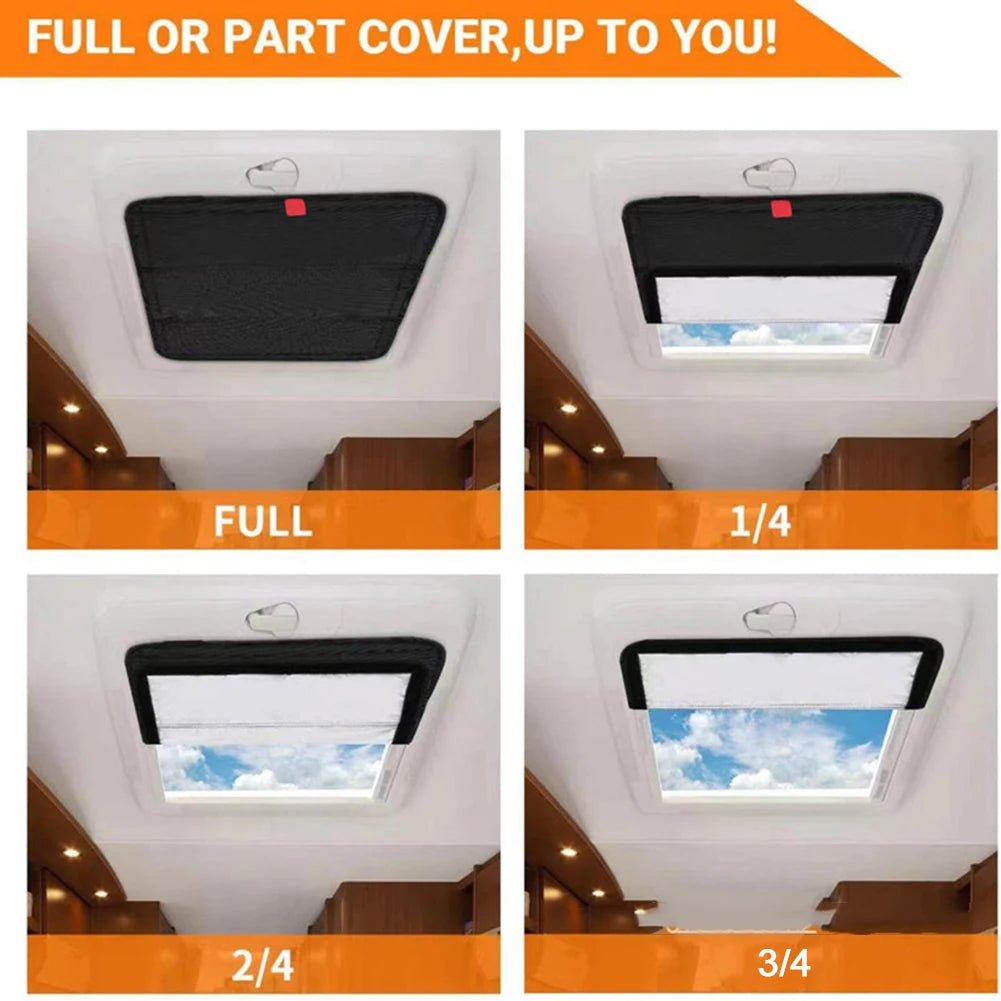 Various sizes of black and white foldable RV skylight sunshades shown for full or partial coverage