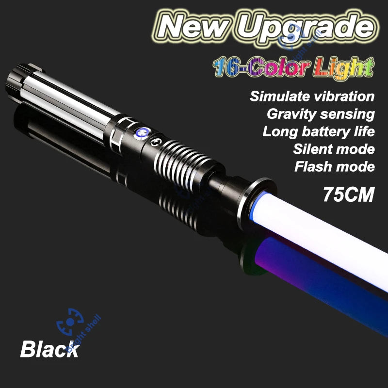 Black metal lightsaber with a white blade showing various colored light effects