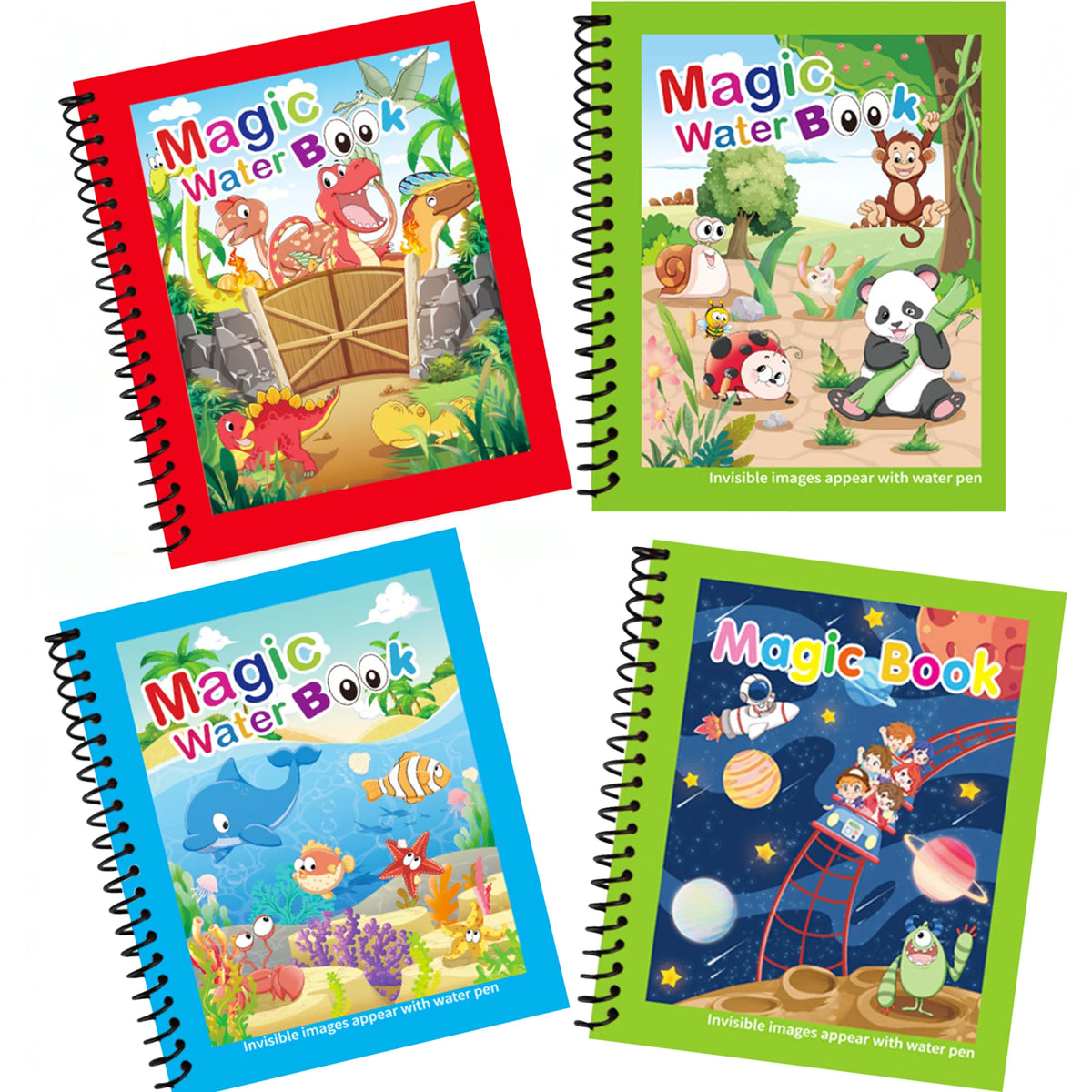 Four colorful notebooks showing examples of invisible images appearing with a water pen