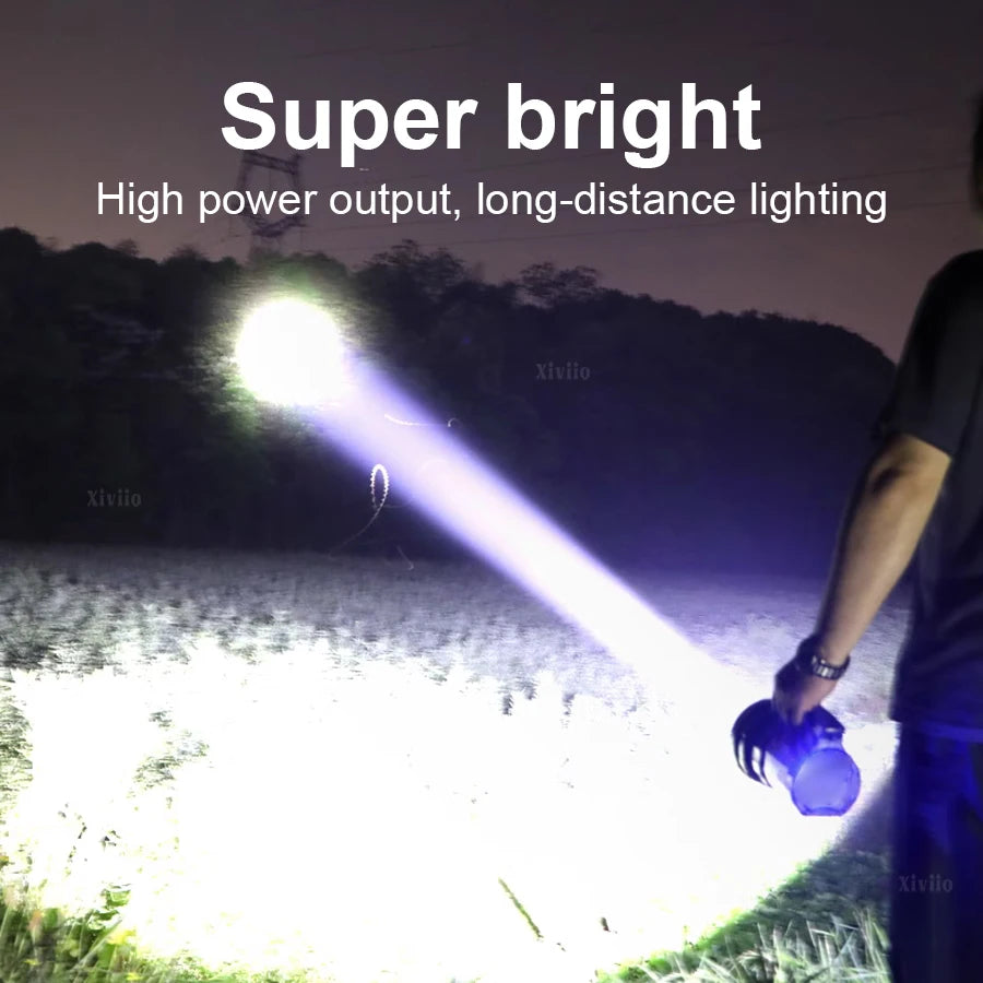 A hand holds a bright solar rechargeable LED flashlight emitting a powerful beam of light into the dark.