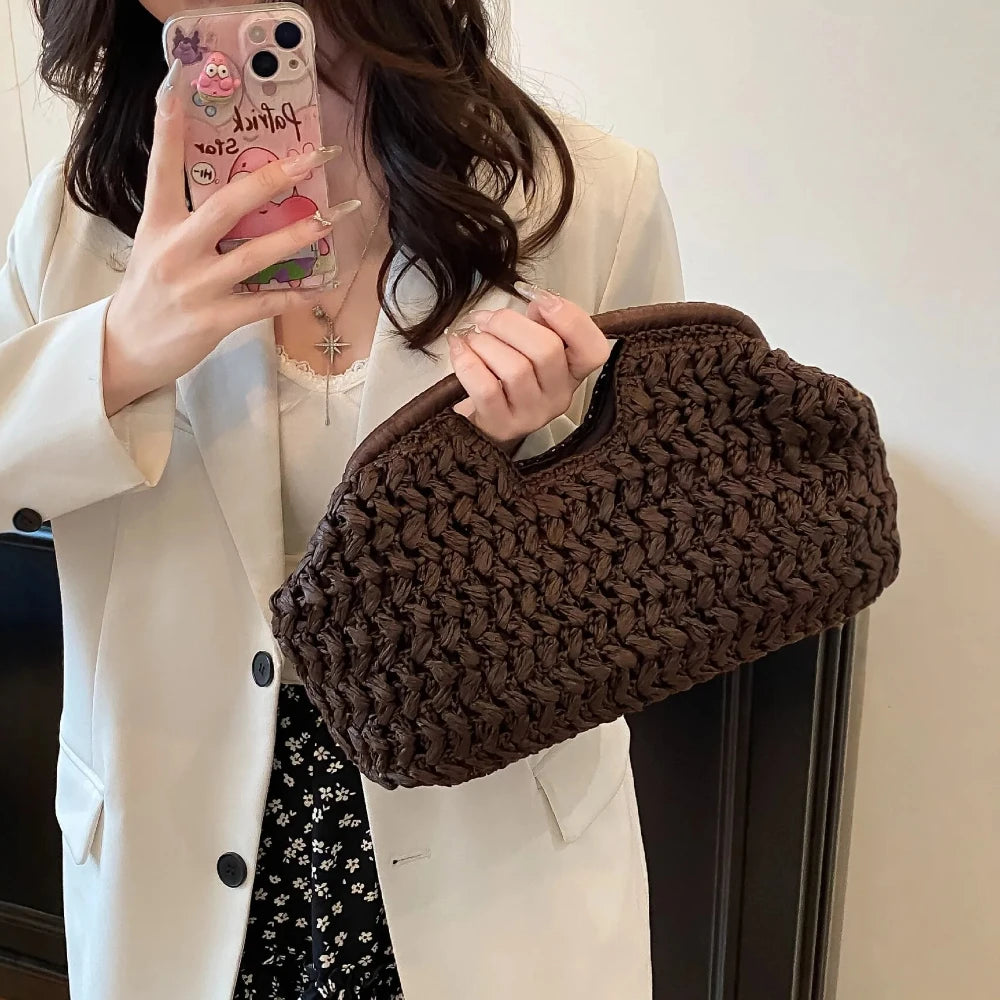 Handwoven Straw Tote Bag with Zipper
