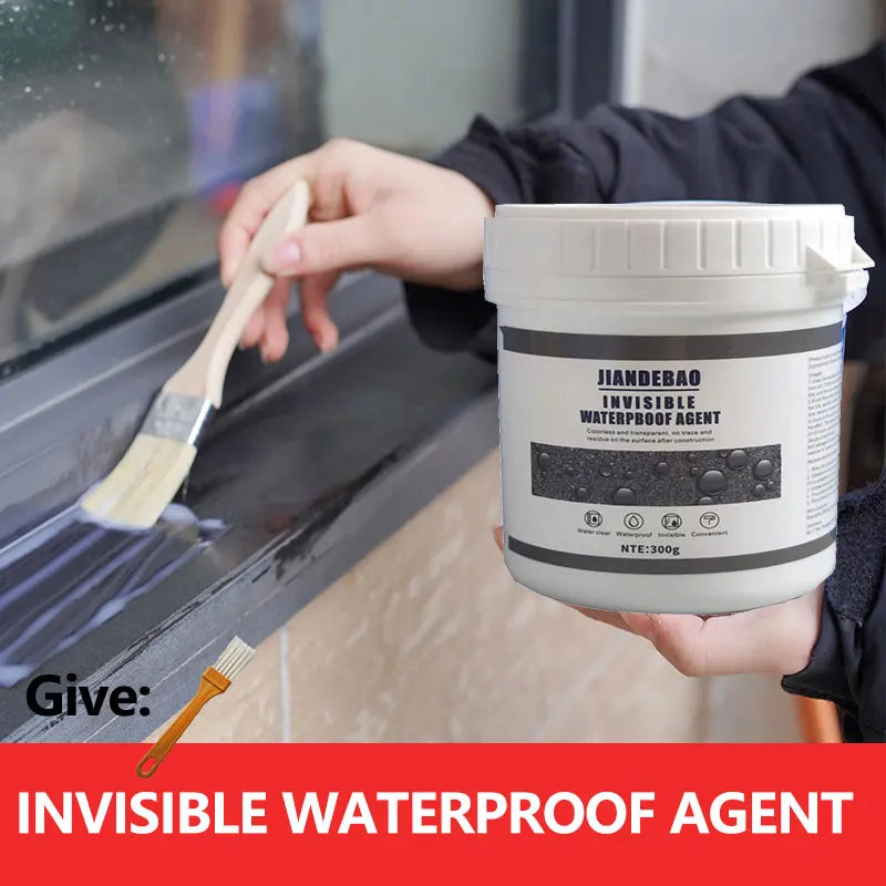 A hand holds a white plastic container of Invisible Waterproof Agent next to a wooden brush applying the product to a dark su