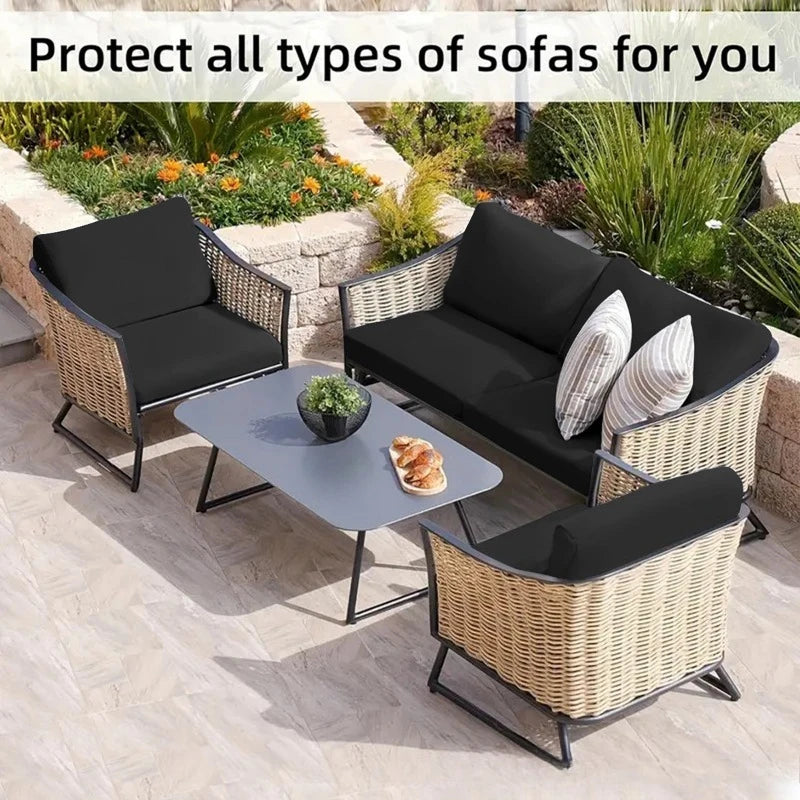 Fundas de cojines para sofá de mimbre para uso exterior, en negro y beige.