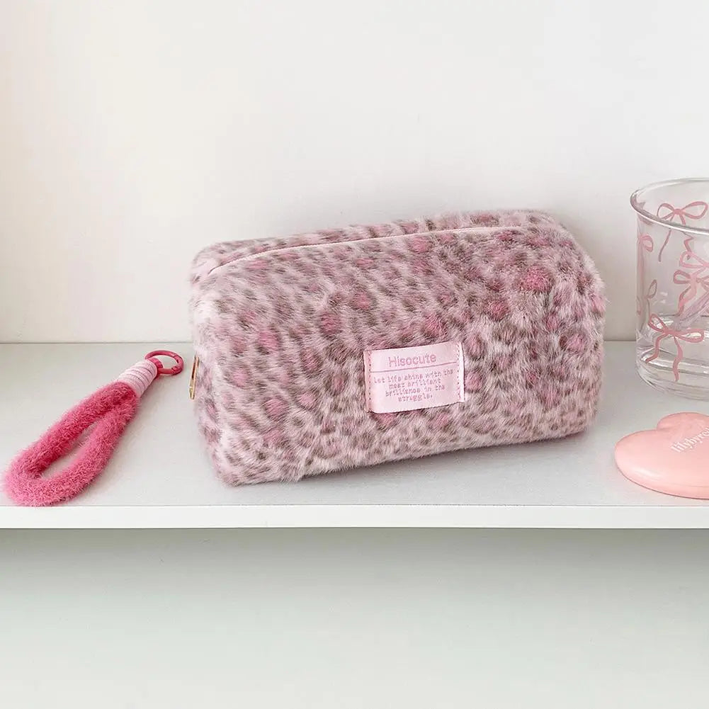 Leopard Print Plush Makeup Bag with Carry Handle