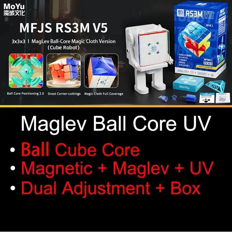 MoYu RS3M V5 magnetic cube and related accessories displayed on a black background.
