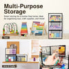 A set of clear plastic stackable storage boxes with front doors used for organizing toys, craft supplies, and pantry items.