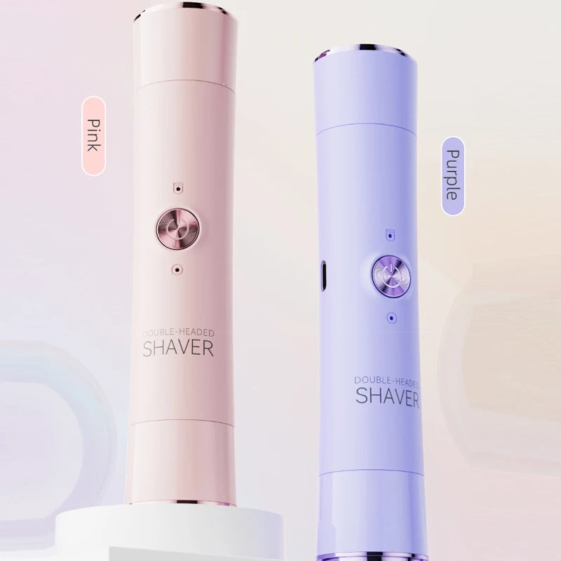 A pink and purple double-headed shaver is shown standing upright against a light background.