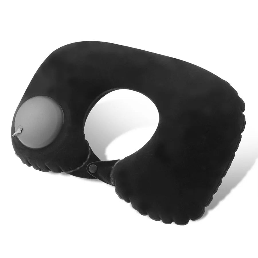 Black self-inflating travel neck pillow with a soft flocking cover