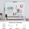 A white desktop pegboard organizer set featuring adjustable brackets, hooks, and shelves for various items.