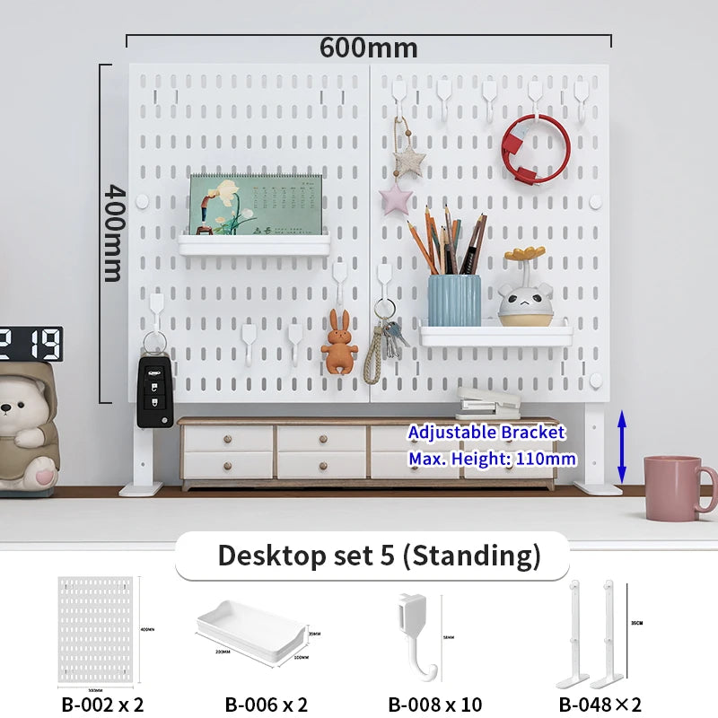 A white desktop pegboard organizer set featuring adjustable brackets, hooks, and shelves for various items.