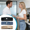 A display of three adjustable elastic belts in black, blue denim, and tan leather.