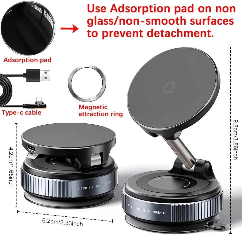 A magnetic wireless car charger mount with a vacuum suction and 360° foldable arm shown in various configurations.