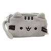 A gray cat plush pencil case with a zipper closure and black markings.